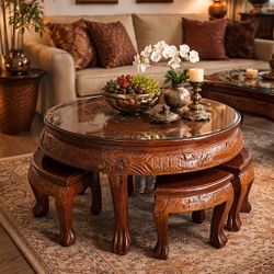 Hand-Carved Solid Wood Round Coffee Table with 4 Stools – Glass Top – Unique Statement Piece
