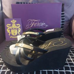 BRAND NEW, NEVER WORN! Fergie Sandals With Heels: Very Comfortable, Safe & Durable! Will Last Forever! Black with Gold. Paid $40 at DSW!