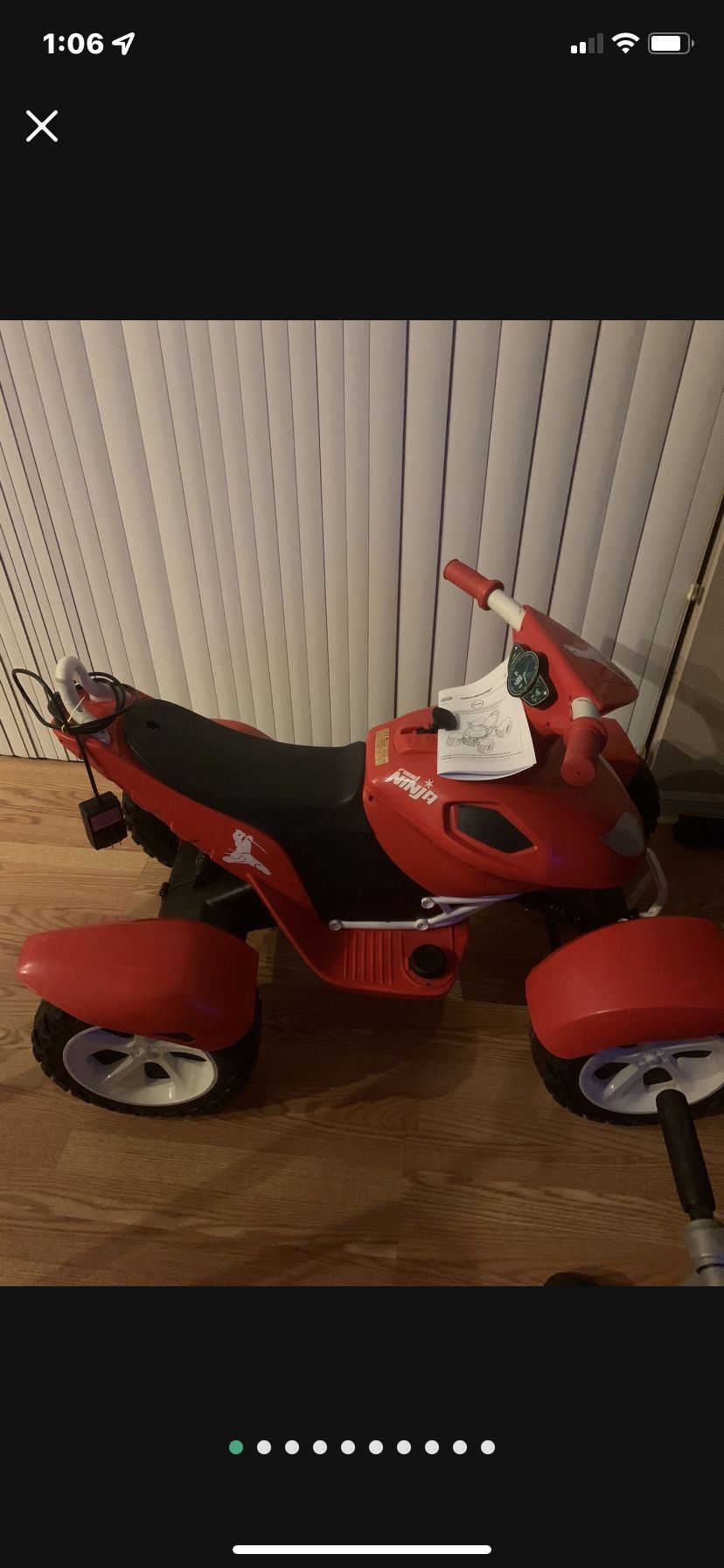 Little Tikes 12V Road Ninja. Battery Powered Ride. Color: Red / White. This sporty vehicle has forward and reverse. Comes with Charger.