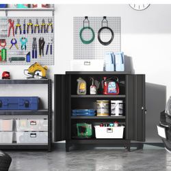 Garage Cabinet, Metal Storage Cabinet with Doors and Shelves, for Home Office, Garage and Utility Room, Black UOMC013B01