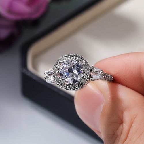 "Statement CZ Flower 925 Silver Plated Vintage Wedding Ring for Women, L064
 
 