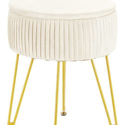 Round Velvet Storage Stool & Ottoman Foot Rest Makeup Footstool Chair with 4 Metal Legs, White Creme
