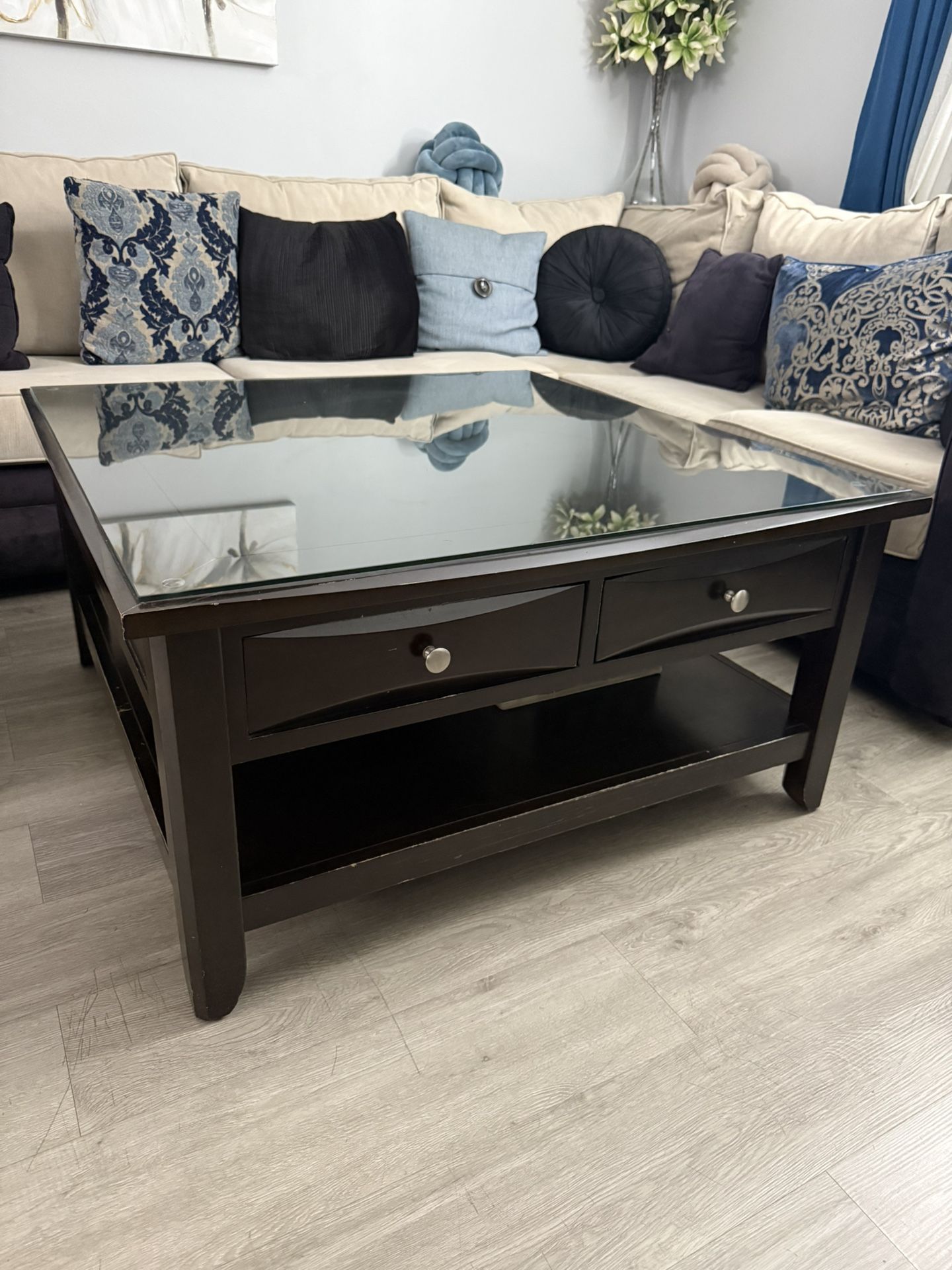 Square Glass-Top Coffee Table with Storage – $140