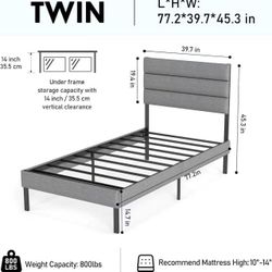 Twin Bed Frame with Linen Upholstered Headboard, Metal Platform Bed Frame, Grey