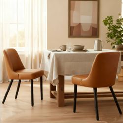 Dining Chair,Morden Wood Leg Upholstered Kitchen Chair Set of 2,PU in Brown