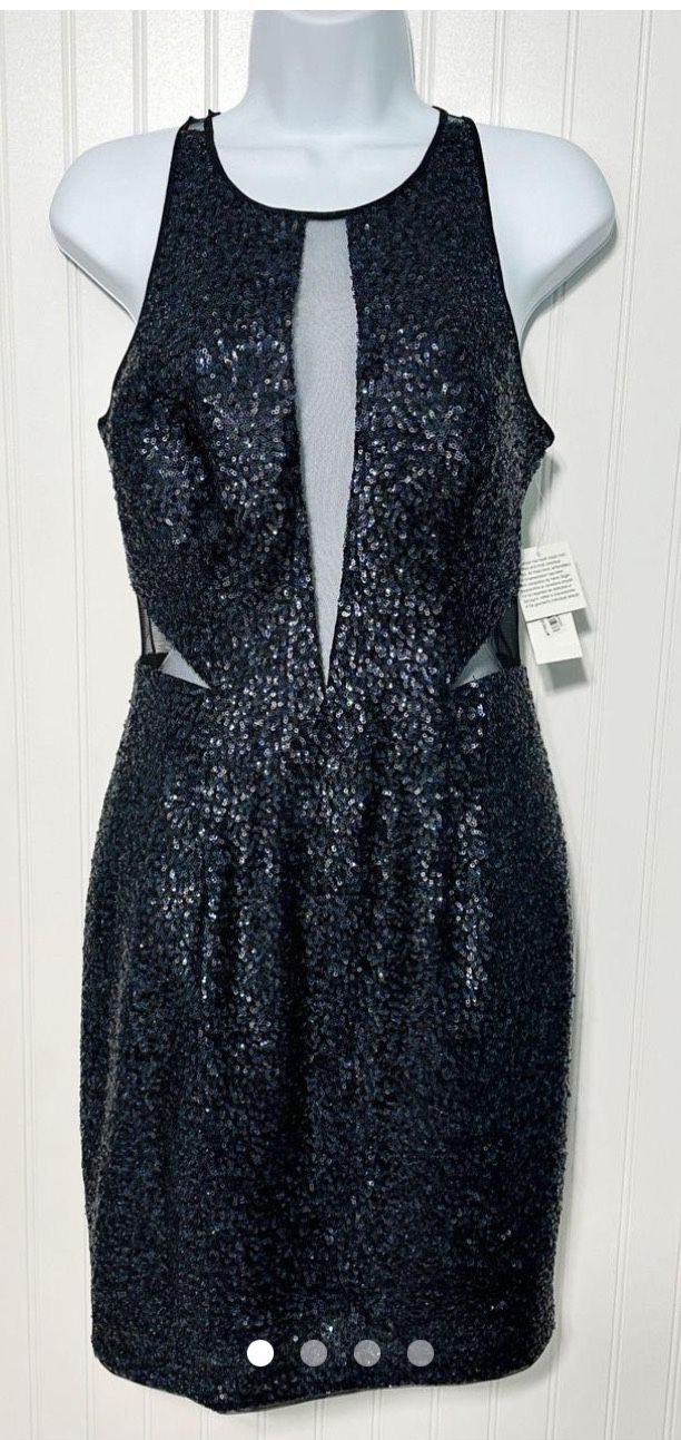 Aidan Mattox Women's Straps Cut Out Sequin Illusion Dress (Black Navy)
