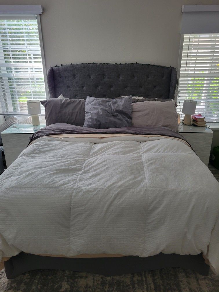 Gray Upholestered Wing Queen Bed Frame with Extra Storage Space