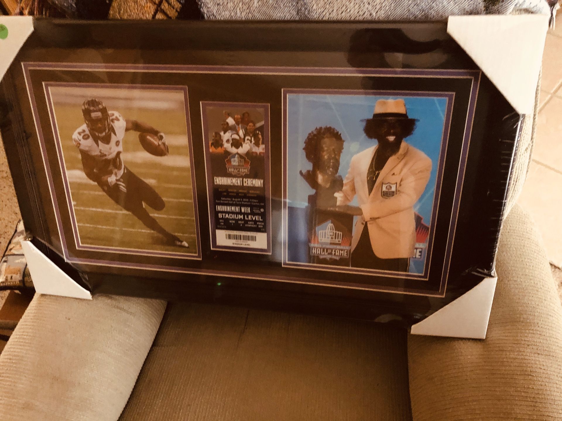 Ed Reed Hall of Fame induction Framed Commemorative Tribute, includes Action 8x10 of the Hall of Famer Baltimore Raven, the 8x10 Induction photo, the