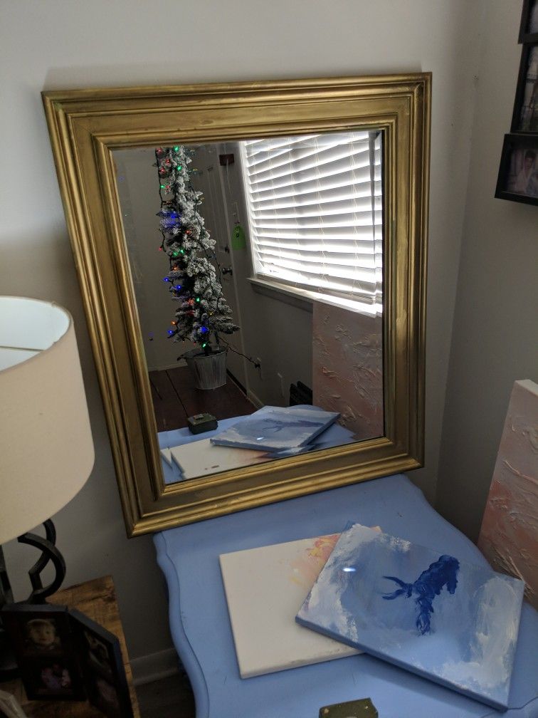 Hand Painted Gold, Wood Frame Mirror, With Beveled Edge.