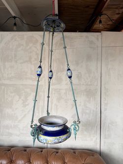 Vintage Hand-Painted Bronze & Ceramic Hanging Jardinière | French Style Planter | Decorative Ceiling