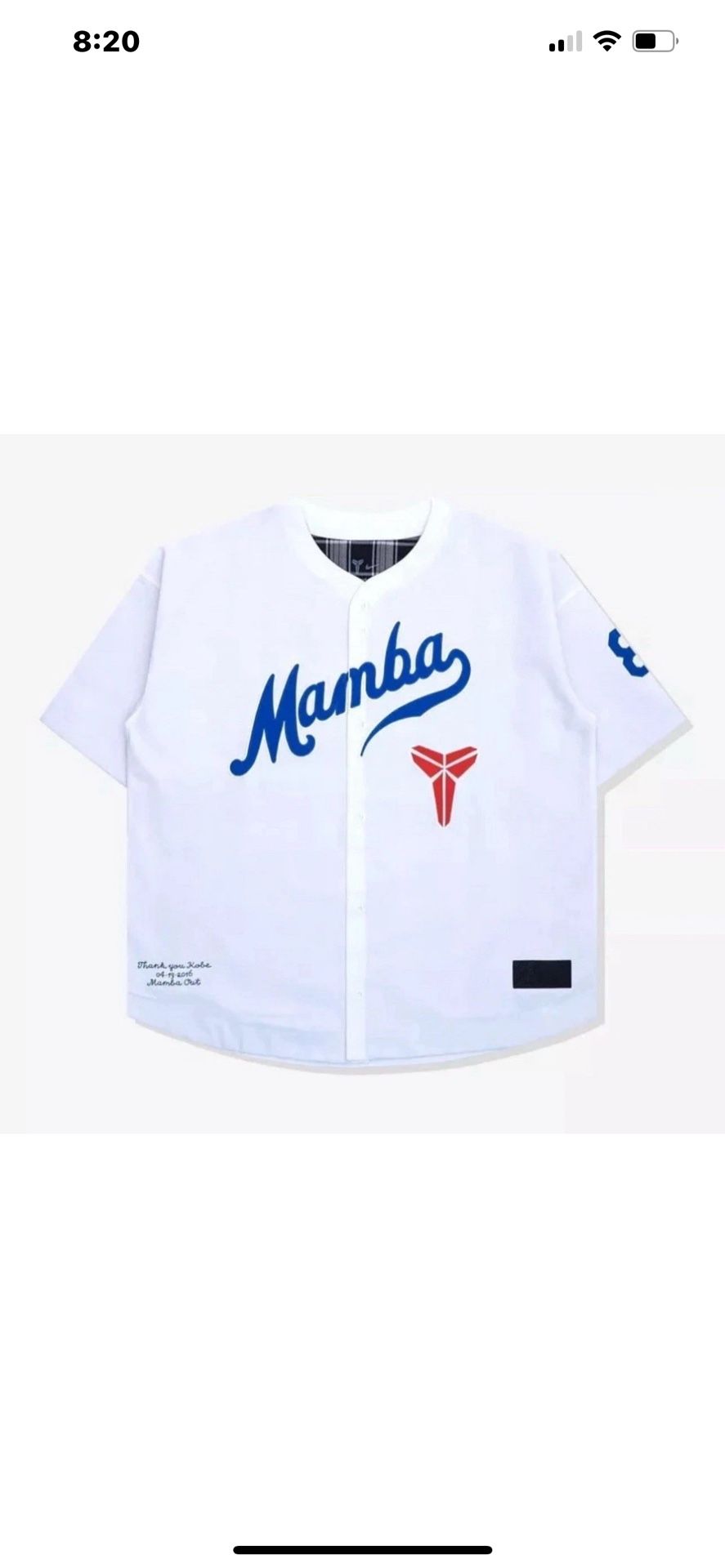 Kobe Dodgers Mamba Baseball Jersey Undefeated Size XL