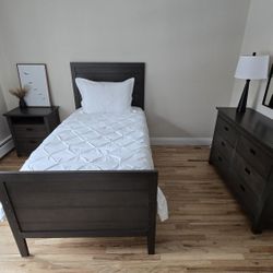 Grey Twin Bed Set w. Dresser and Side Table