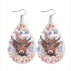 Highland Cow Floral Rose Garden Faux Leather Earrings