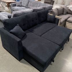 New! Dark blue sectional sofa with pull-out bed, sectional, sofa, couch, Sofabed, sleeps sofa, brand new set! Dimensions 81.5”L x 53” chaise Brand new