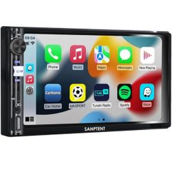 SANPTENT Wireless Double Din Car Stereo, Compatible with Apple CarPlay & Android Auto, 7 Inch FHD Touchscreen Car Audio Receiver, Airplay, Rear Camera