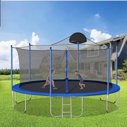 14FT Trampoline for Kids with Basketball Hoop, Outdoor Trampolines w/Ladder and Safety Enclosure Net for Boys and Girls