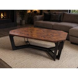New Coffee Table Herringbone Wood Top & Black Metal Base - $900 Retail “open box” Delivery Available