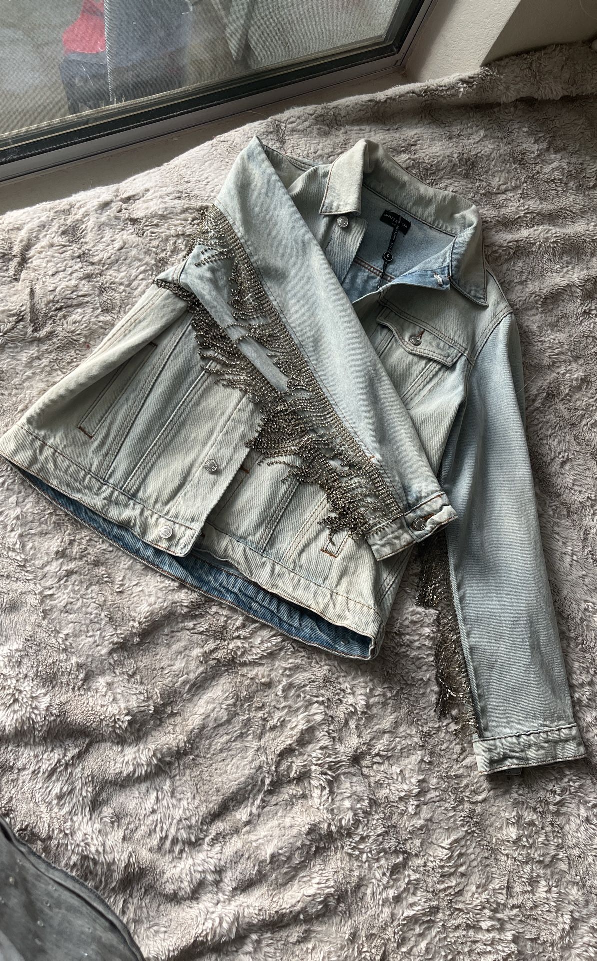 White Fox Rhinestone Light Wash Denim Jacket
