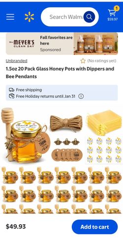 Honey Pot, Glass Honey Jars, Mini Glass Jars 1.5oz 19 Pack
Honey Jars with Wooden Dippers, Golden Lids, Bee Charms, Gold Gift Bags and Jutes, Mini Hon