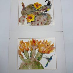 Set of 2 June Jurcak Original Watercolors – Desert Cactus, Birds, Signed