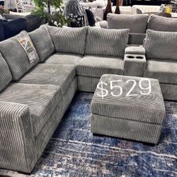 4-pc Sectional Sofa With Ottoman Grey Wide- Welt Corduroy 