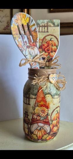 Fall Gnome Decoupaged Mason Jar with Wooden Utensils