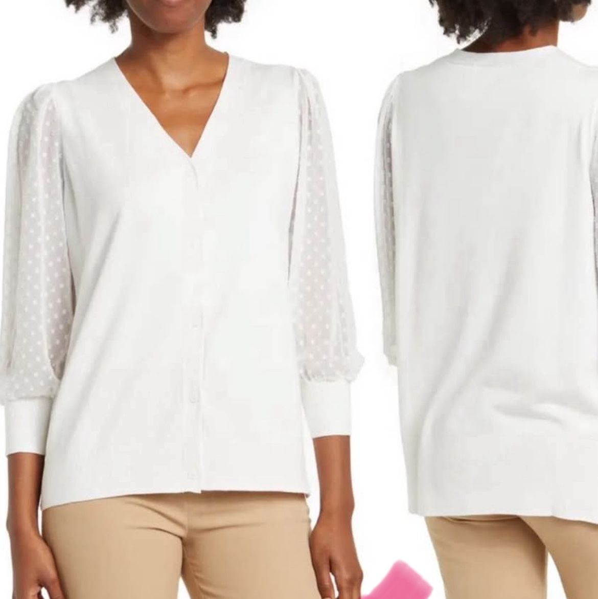 Adrianna Papell V-neck Swiss Dot Sleeved Cardigan Top