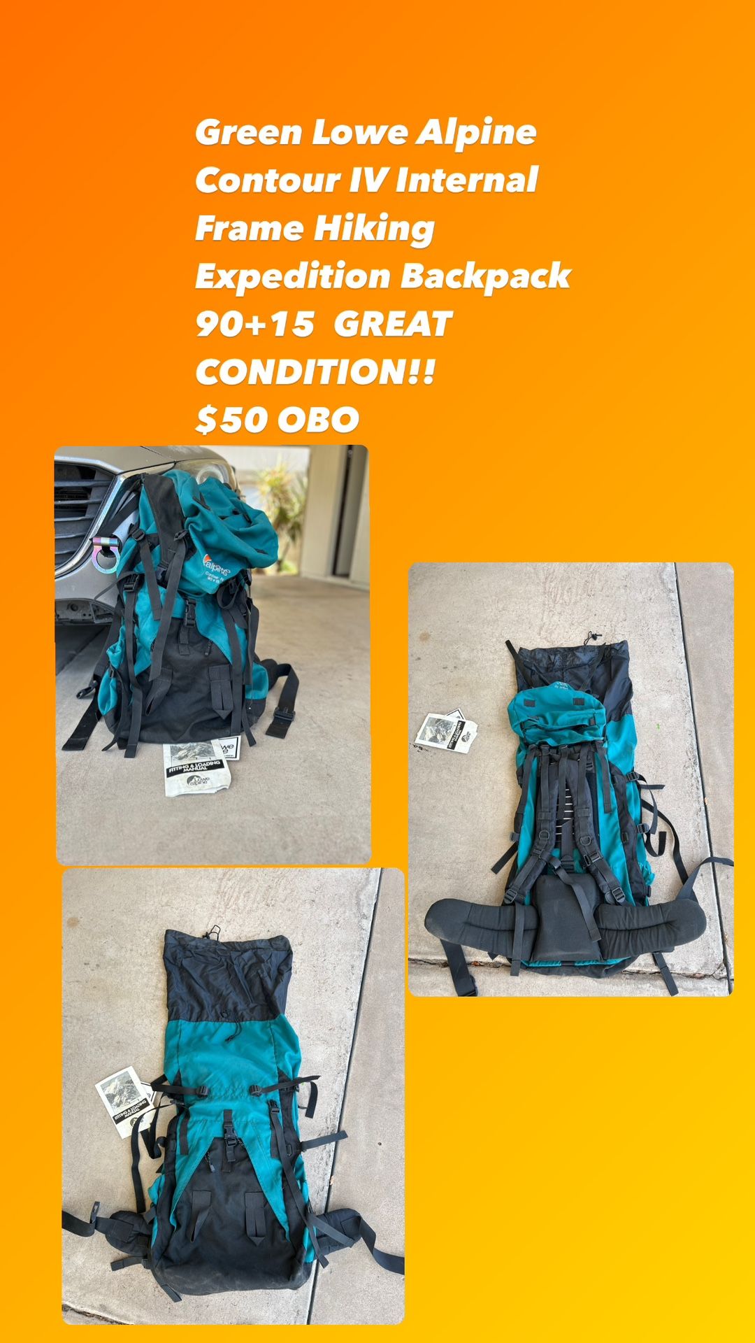 Green Lowe Alpine Contour IV Internal Frame Hiking Expedition Backpack 90+15