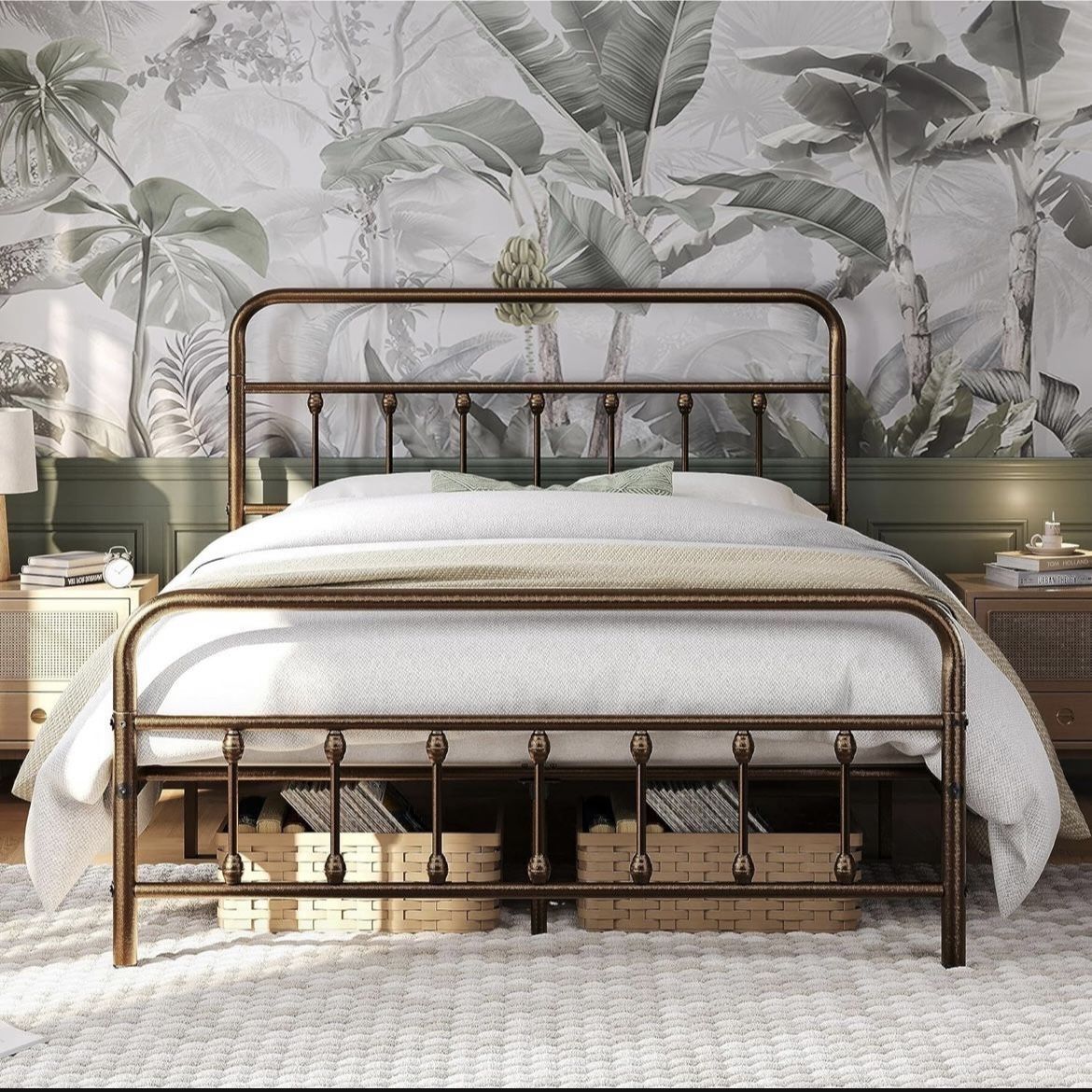 Classic Metal Platform Bed Frame Mattress Foundation with Victorian Style Iron Art Headboard/Footboard/Under Bed Storage/No Box Spring Needed/Queen Si