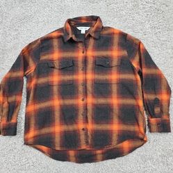 Old Navy Boyfriend Shirt Womens Medium Orange Plaid Flannel Evermore Swiftie 