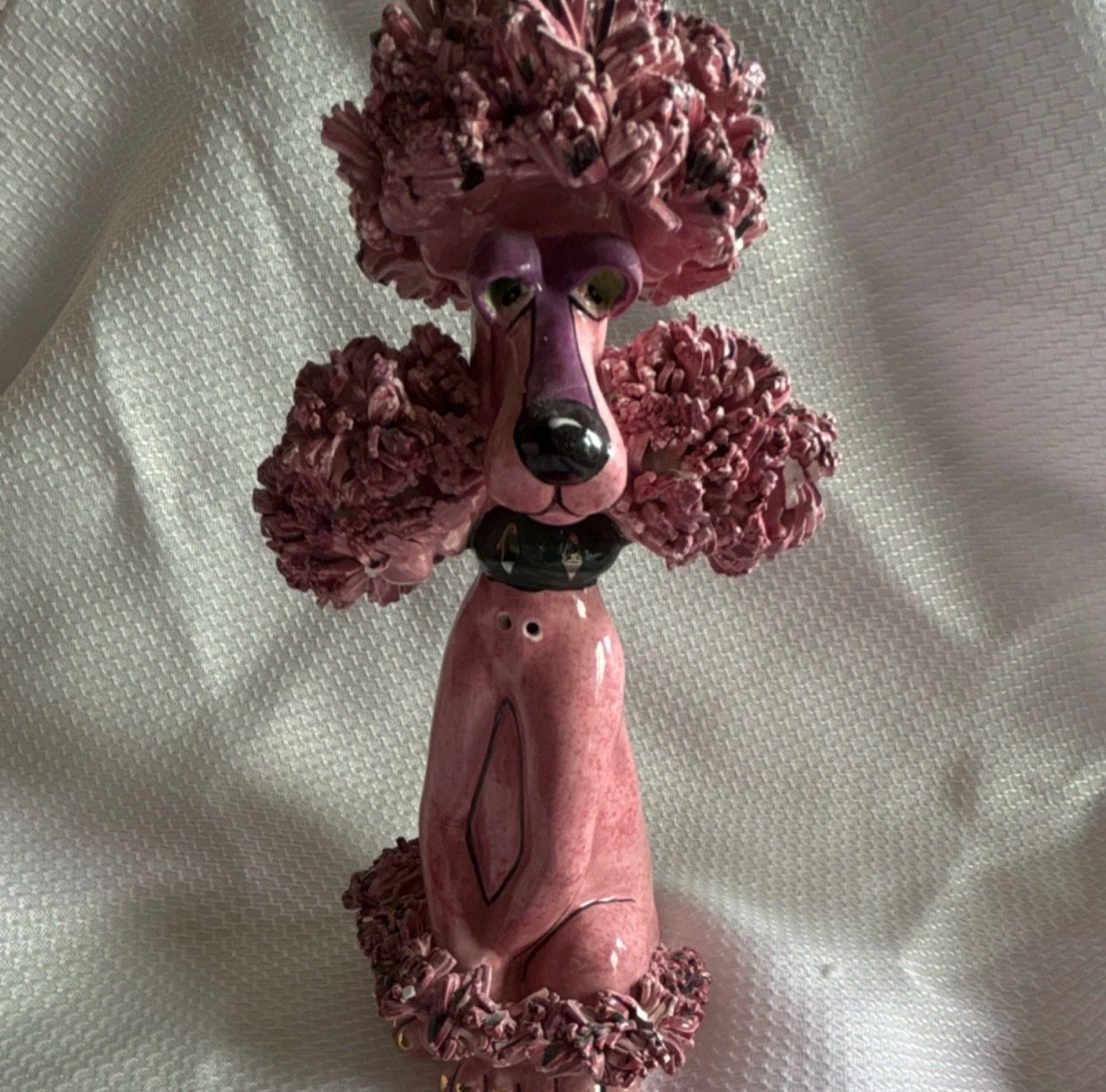 vintage Lynda Corneille SWAK "Sasha" pink poodle ceramic figurine featuring textured "spaghetti" fur detail