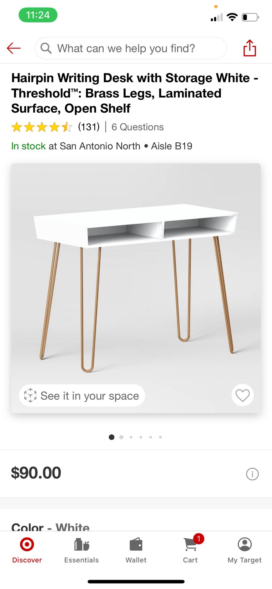 Hairpin Writing Desk with Storage White - Thresholdâ„¢: Brass Legs, Laminated Surface, Open Shelf