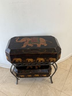Ornate Elephant Motif Wooden Boxes with Metal Stand – Handcrafted Decor