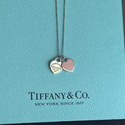 Authentic Tiffany & Co Pink Enamel Mini Double Heart Necklace