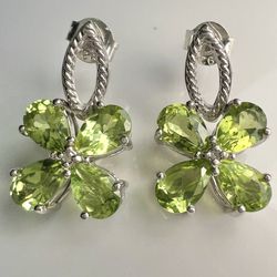 FADI Sterling Silver Genuine Diamond & Peridot Flower Clover Dangle Earrings