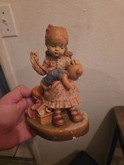 ANRI Design Valentine  Wood Carved 3.5" Figurine Girl Sewing Teddy Bear
