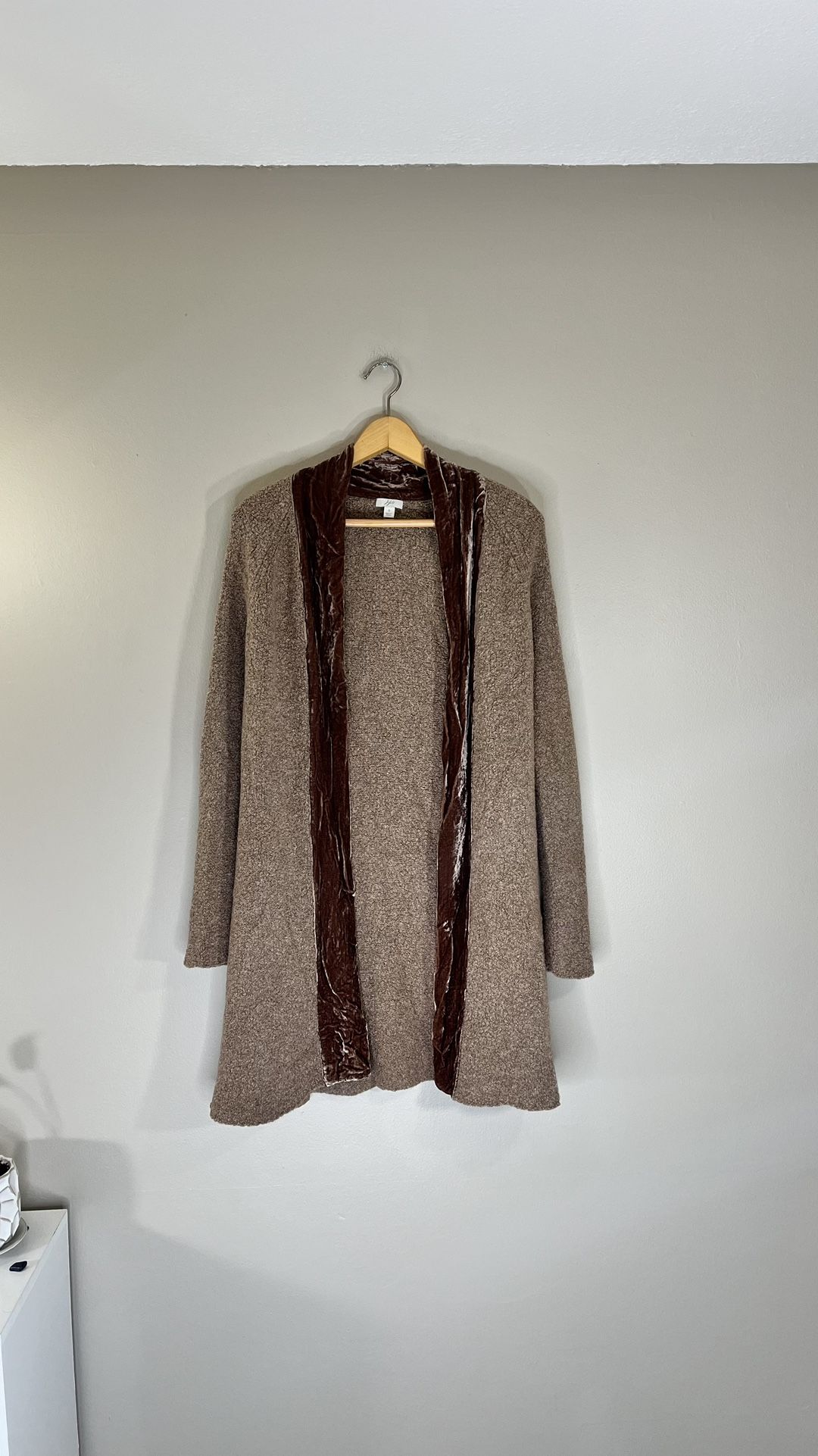 J. Jill Small Brown Merino Wool Silk Velvet Trim Duster Knit Cardigan Sweater