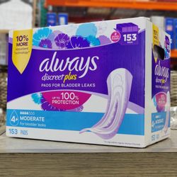 Always Discreet plus Incontinence & Postpartum Pads for Women, Moderate, 153 ct.