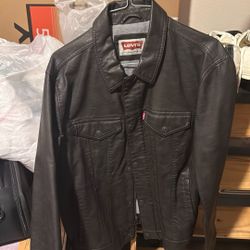 FAUX LEATHER TRUCKER JACKET Dark Brown Size medium 