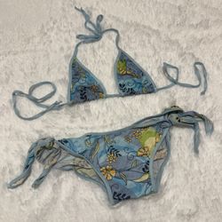 New Small blue floral bikini y2k boho festival rave outfit low rise raver   Piece was made in late 2000s. No size tag present. Bottoms are low