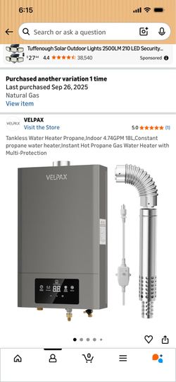 VELPAX 4.74 GPM Natural Gas Tankless Water Heater – Installed, Never Used