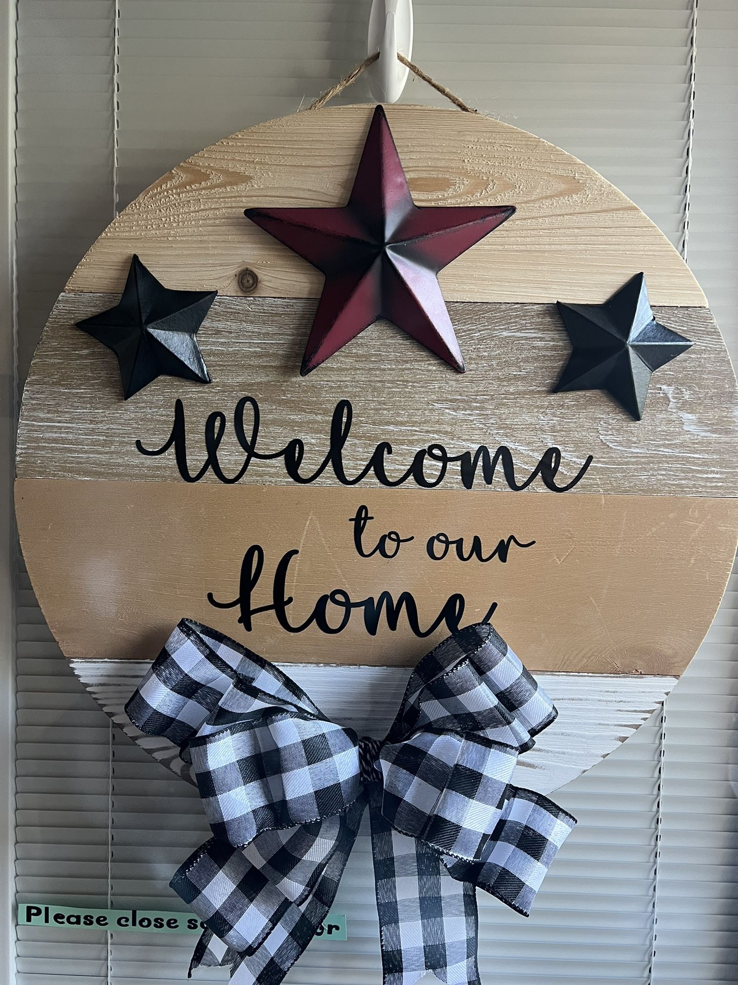 Welcome Sign. Large Round Wood. Then There Is Bow, Premium Vinyl And Stars