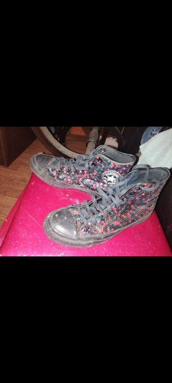 Women's converse high tops, covered in pink, blue and purple sequins! Super unique, colorful, and loud. Size 9 womens.