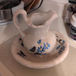Vintage Handmade Ceramic Pitcher And Dish