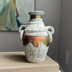 Vintage Handcrafted Clay Brass & Copper Accent Vase ( firm on price ) 