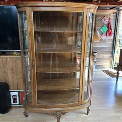 Tiger Oak Bow Front Curio China Cabinet Bent Glass Vitrine