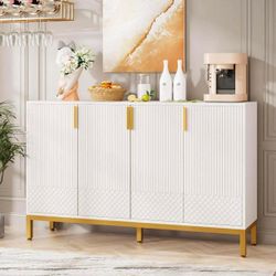 Kitchen Buffet Cabinet, 59” Buffet Sideboard Storage Cabinet with 4 Doors, Coffee Bar Console Table for Kitchen, Living Room, Entryway, White and Gold