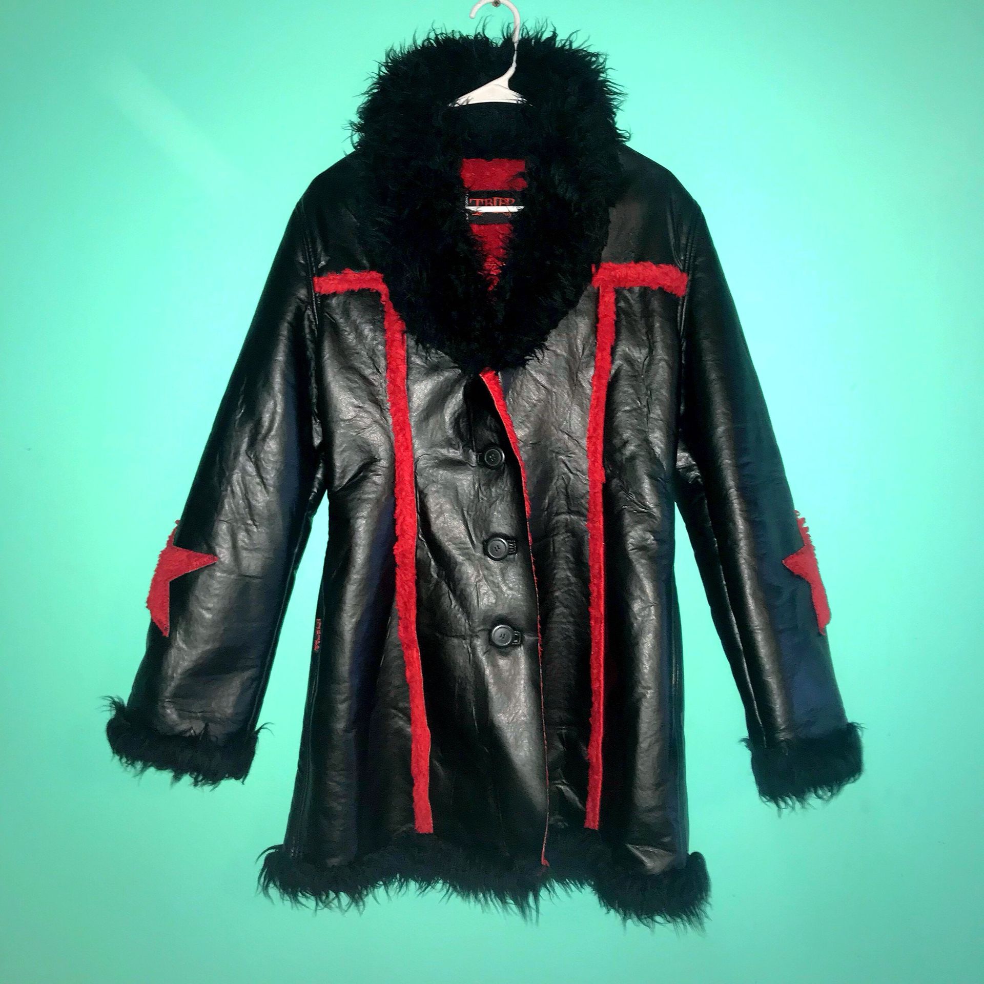 Tripp NYC goth punk black leather and red faux fur coat