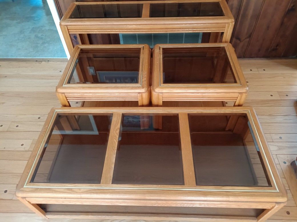 Oak Glass Table Set (Coffee table, sofa table, 2 end tables)