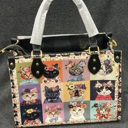 Brand New Shineful Veganique Leather Floral Cat Tote Bag With Detachable Shoulder Strap